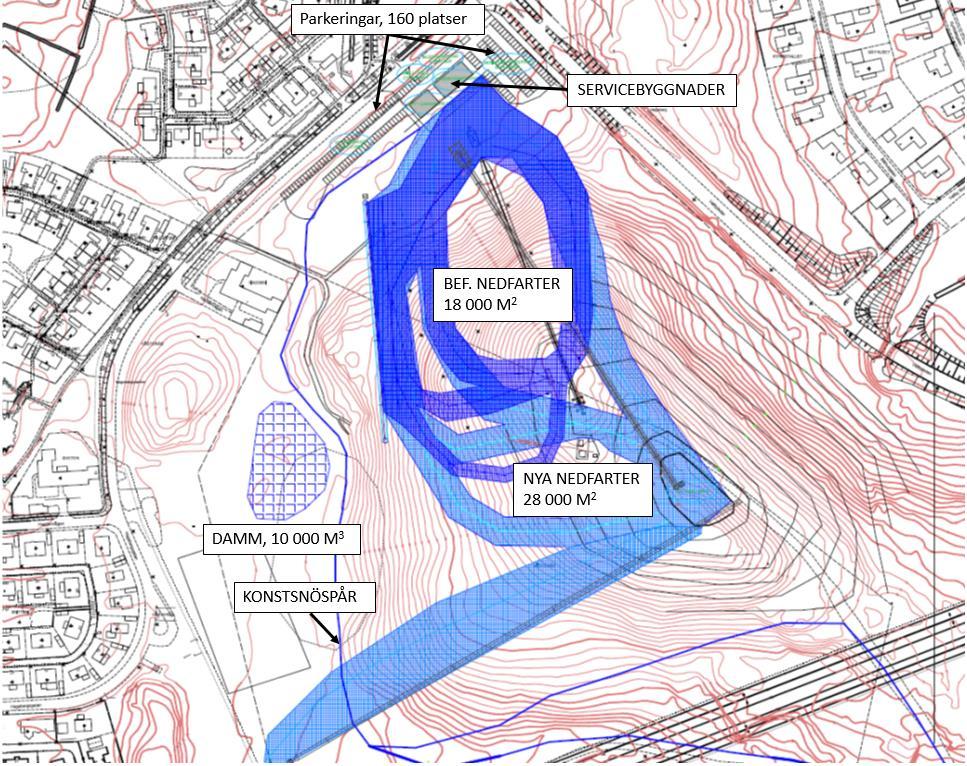 Figur 2. Planområdet med befintliga och planerade nedfarter, damm, parkeringar och servicebyggnader.