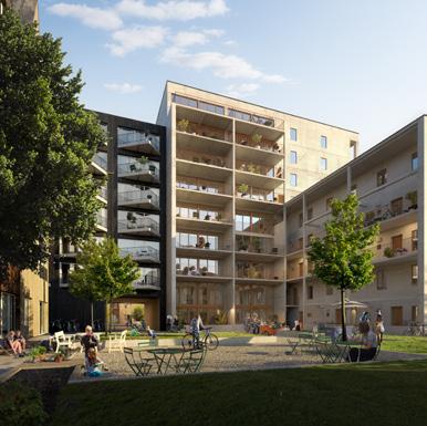 EXTERIÖR OCH OMRÅDE INNERGÅRDEN Den gemensamma innergården har stora balkonger med eftermiddagssol,