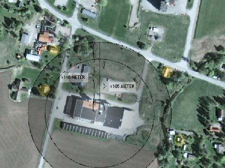 Bild: Ungefärliga avstånd till närmsta bostäder Fastighet Fjugesta 4:77 ingår inom planområdet.
