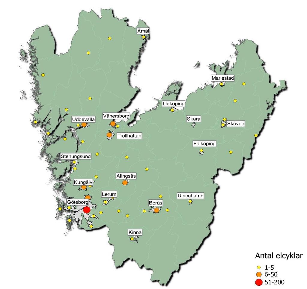7 Figur 7 VGRs eldriva verksamhetscyklar är placerade runt om i regionen. Vid slutet av 2018 finns 375 elcyklar utplacerade på ett flertal enheter i regionen.