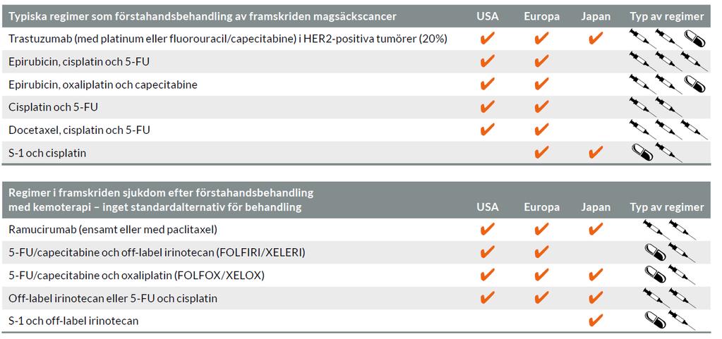 Läkemedelsbehandlingar för framskriden magsäckscancer Källa: Ascelia Pharma Det är en tydlig utmaning att tränga sig in i första linjen.