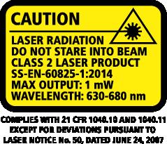 Laser i klass 2 betraktas som säker vid avsedd användning och kräver