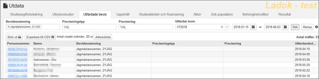 Utfärdade bevis Här finns utdata på vilka studenter som utfärdat bevis.