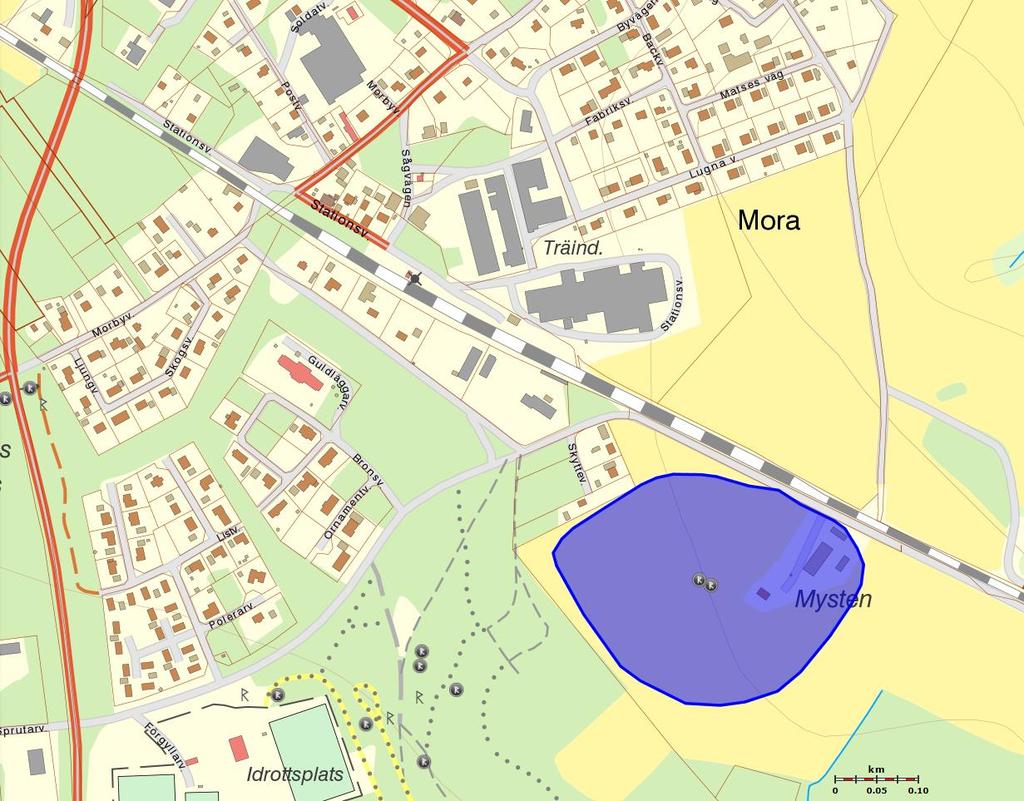 Figur 3 Kulturvärden sydväst om spårområdet. Markerat med blå färg närmast spårområdet finns gammal jordbruksmark vid Mysten.