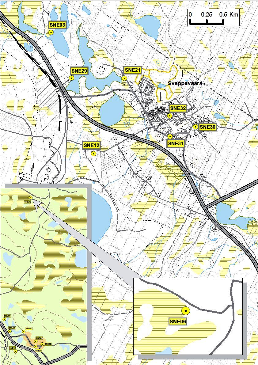 Bilaga 1. Mätpunkter Nedfallande stoft Figur 4 Nedfallande stoft mättes 2012 i åtta mätpunkter i och omkring Svappavaara. Provtagning av snö sker i SNE03, SNE06, SNE12 och SNE21.