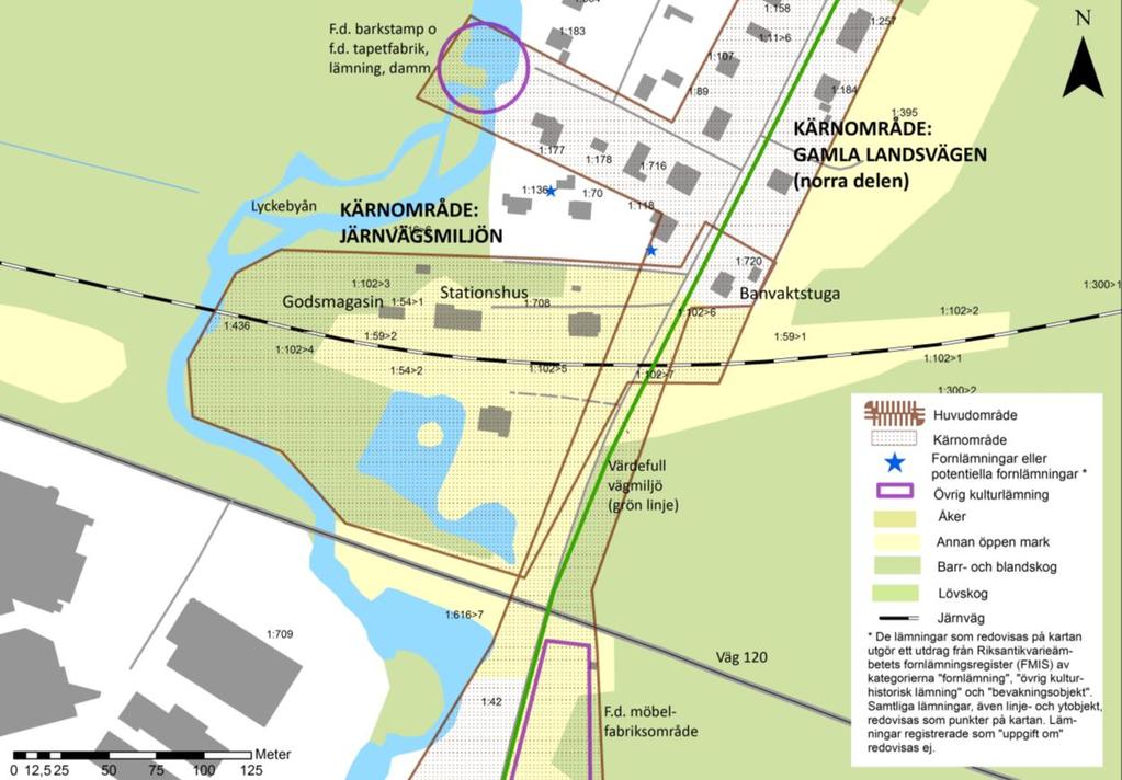 Karta över kärnområdet Järnvägsmiljön. Kärnområde järnvägsmiljön Klass 2 Kärnområde Norra Lindås formas kring den ännu tydliga järnvägsstationsmiljön intill genomfartsvägen Norra Lindåsgatan.