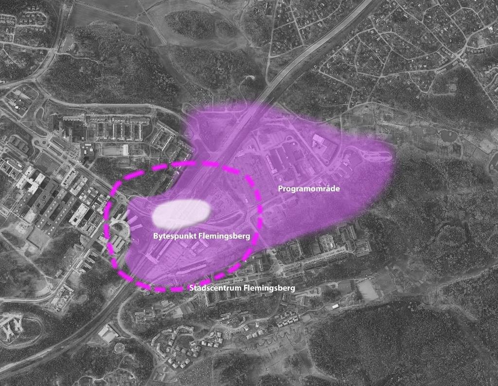 6 (8) Schematisk redovisning av läge för programarbetets ingående delområden. Lila -programområde, streckad linje Stadscentrum Flemingsberg, vit Bytespunkt Flemingsberg.