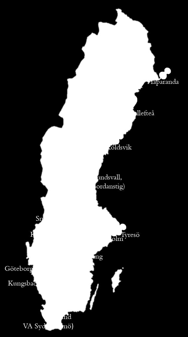 SYD AB, Växjö kommun, Örebro kommun, Örnsköldsvik kommun, Östersunds kommun Privata verksamheter Aarsleff Rörteknik AB, Aquaductus AB, DHI AB,