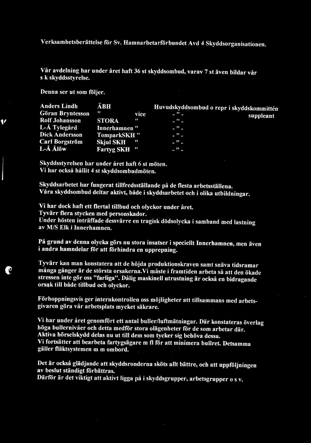 l r Anders Lindh Göran Bryntesson Rolf Johansson L-Å Tylegård Dick Andersson Carl Borgström L-ÅÅlöw ÄBH " vice STORA " Innerhamnen " TomparkSKH " Skjul SKH " Fartyg SKH " Huvudskyddsombud o repr i
