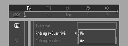 Ikoner för tillfällig återrapportering Scan (avsök) Upprepa Allt Upprepa Titel Upprepa Spår Picture (bild) TV-format Se Initialinställningar (Grundläget) Ändring av Svartnivå (Black Level Shift, bara