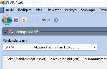 ELVIS akuten Logga in, se sid 18. Klicka på Avdelningslista AV Ange LAKM för Vårdande team.