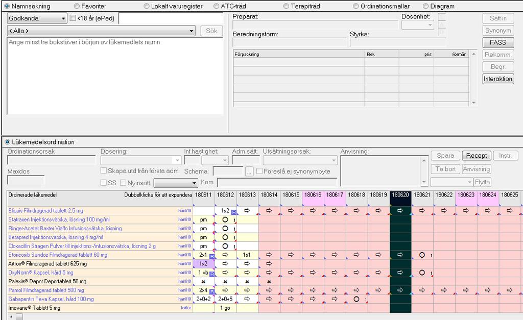 Läkemedel visar Inneliggande ordinationer. Här ordinerar du och pilar/ändrar/sätter ut mm.