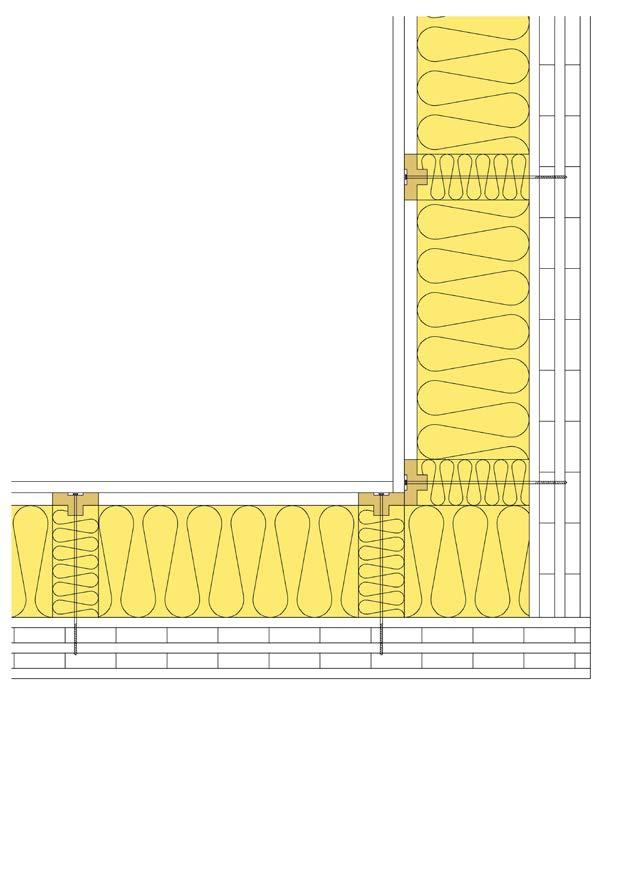 Grunden ska vara projekterad så att reglarna sticker ut 25 mm från grunden så att en luftspalt skapas bakom panelen. Börja med att montera ISOVER PLUS + reglarna stående.