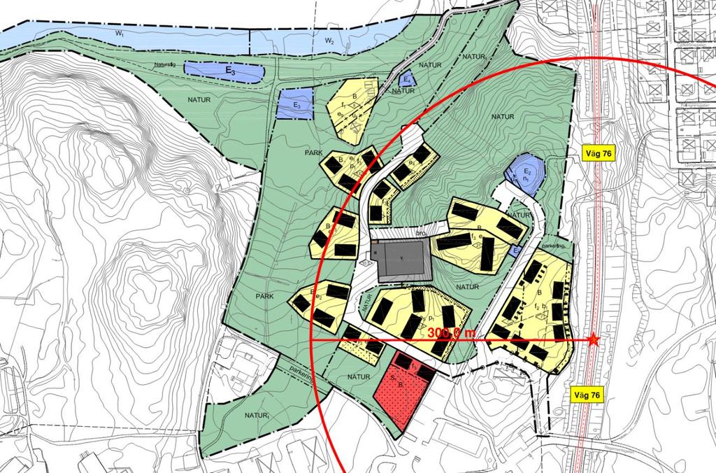 5 utgör en översiktsbild som visar det studerade området efter planerad exploatering av planområdet. Figur B. 5. Situationsplan inkl. bebyggelse enligt aktuellt planförslag.