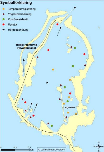 Figur 4. Punkter för provtagning av fisk och bottenfaunasamhällen samt temperatur i Biotestsjön. 3.2.2 Beståndsövervakning med ryssjeprovfiske Fiske med ryssjor genomförs under fyra veckor i april.