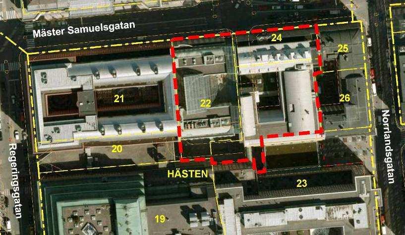 SID 3 (8) Planområdet omfattar fastigheterna Hästen 22 och Hästen 24 samt del av Hästen 23. Planförslaget Planförslaget innebär att byggrätten utökas med 2-3 våningar.