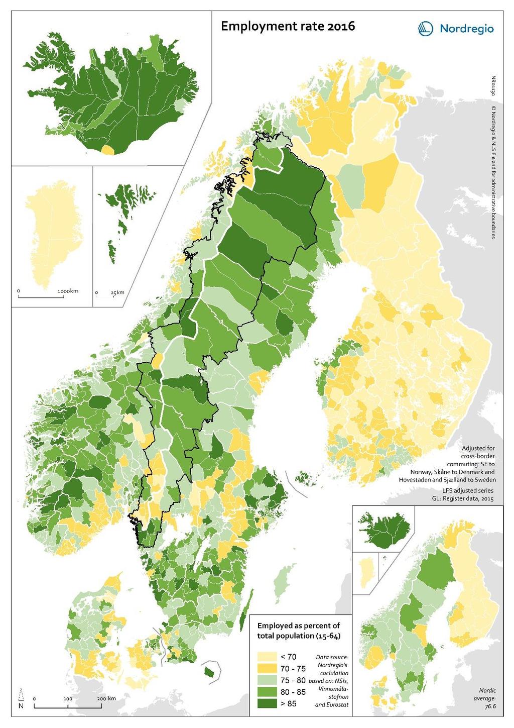 Sysselsättningsgrad 2016 Den högsta sysselsättningsgraden i Norden finns på Island, Färöarna, Åland och mindre kommuner i Norge.