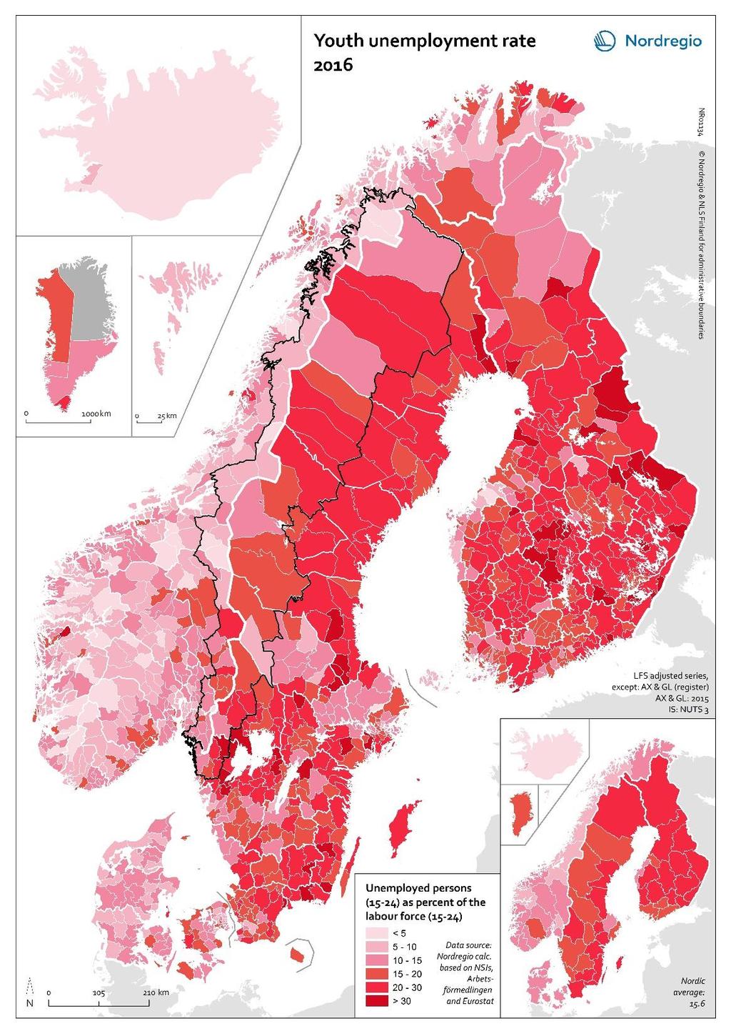 Ungdomsarbetslöshet 2016 På nationell nivå har både Sverige (18,9%) och Finland (20,7%) högre ungdomsarbetslöshet än EU genomsnittet (18,7%).