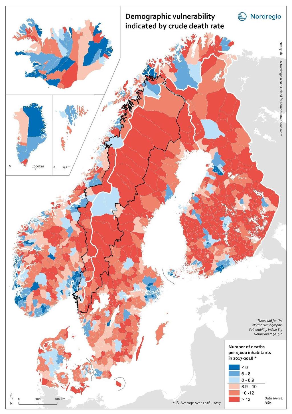 Demografiskt sårbarhetsindex indikerad av dödstal Med denna indikator så anses en kommun vara sårbar när det tvååriga genomsnittet (2017 2018) är högre än 8,9.