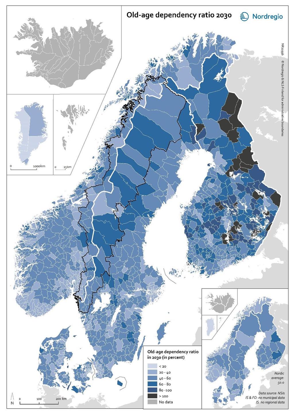 Försörjningsbörda för äldre 2030 Nästan alla nordiska kommuner kommer förväntas ha en högre försörjningsbörda för äldre personer år 2030 jämfört med idag.