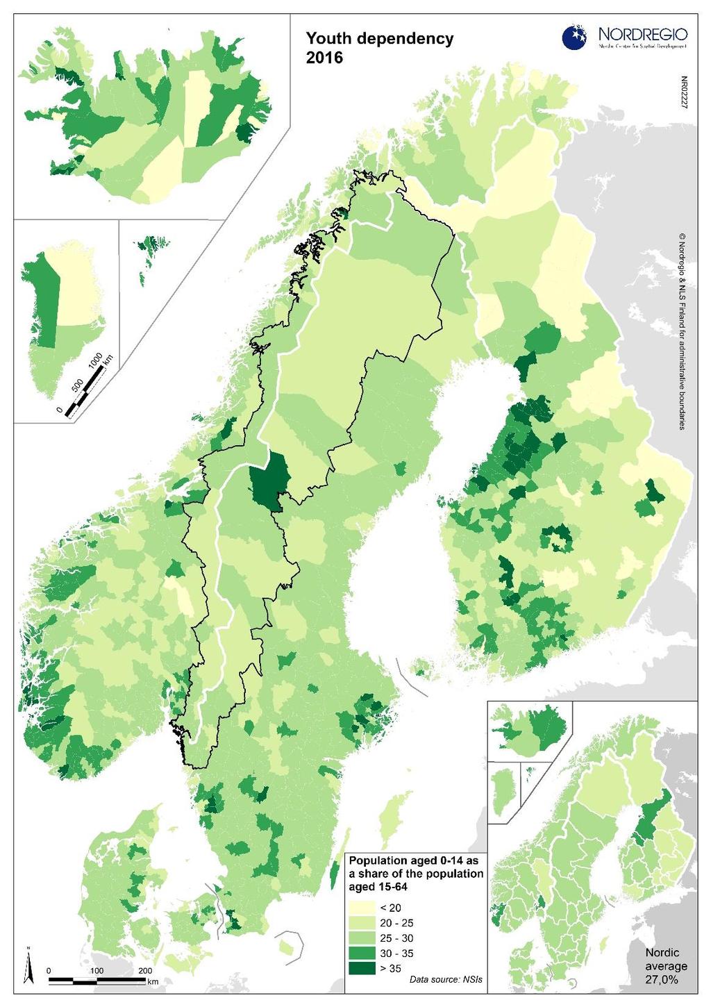 Försörjningsbörda för unga 2016 Det nordiska genomsnittet är 27%.