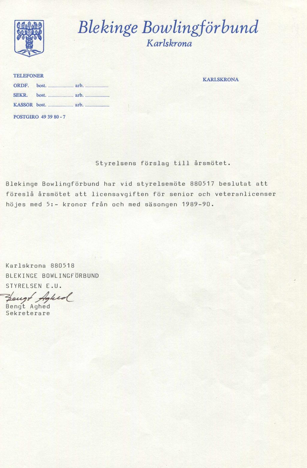 Blekinge Bowlingförbund Karlskrona TELEFONER ORDF. bost... arb... KARLSKRONA SEKR. bost... arb... KASSÖR bost... arb... POSTGIRO 49 39 80-7 Styrelsens förslag till årsmötet.