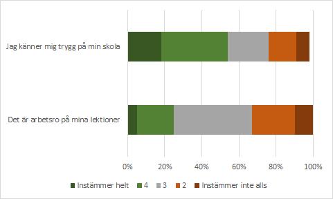 Andelen som känner sig trygga varierar mellan 40 och 71 procent på de olika programmen och andelen som upplever arbetsro varierar mellan 0 och 43 procent.