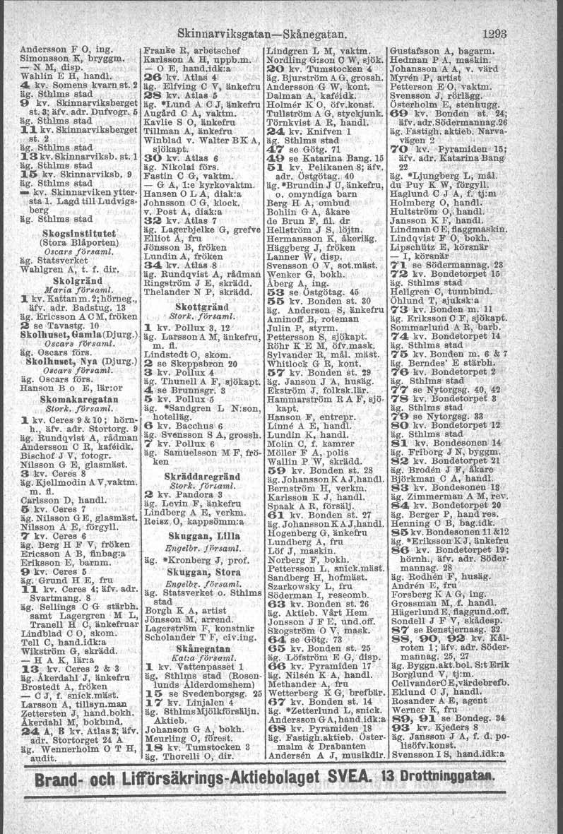 Skinnarviksgateu-c-Skånegatan. 1293 Andersson F O, ii:tg. Franke R, arbetschef Lindgren L M' vaktm. Gustafsson A, bagarm. Simonason-K, bryggm. Karlsson.A H, nppb.m, t NordlingG:sQrl nw sjök.