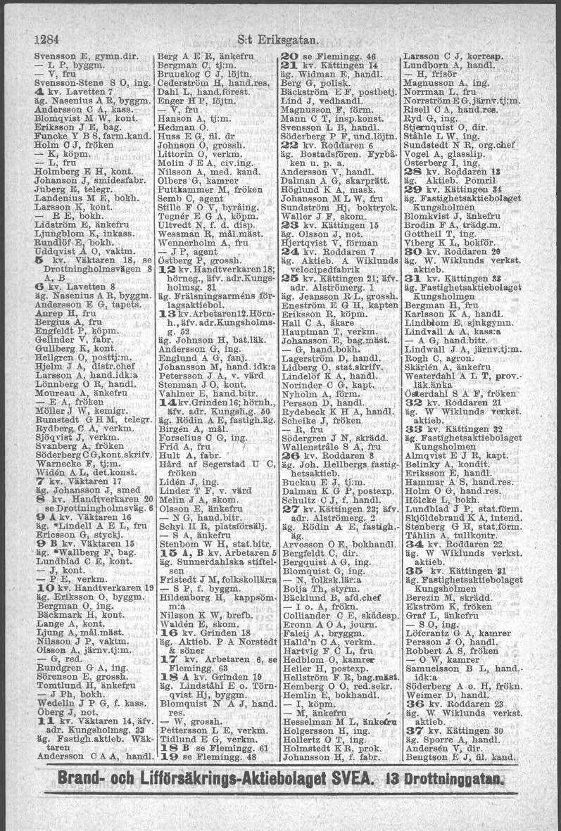 1284 Sot Eriksgatan. Svensson E, gymn.dir. IBerg A E'R, änkefru 20 se Flemingg., 46 Larsson C J, korresp. - L P, byggm. Bergman O. tj:m. 21 kv. Kättingen 14 Lundbern A, handl. - V, fru.