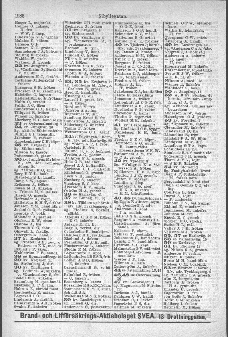 1288 Sib,.Uegatan. Hreger L, majorska Wi,kströmOH"möb,.snick'IGummesson E, fru Sehnell OFW, stämpel Holmer G, inkass. Zaehrison G, fröken - O G E, kont. kass.. - H, fru 31 kv.