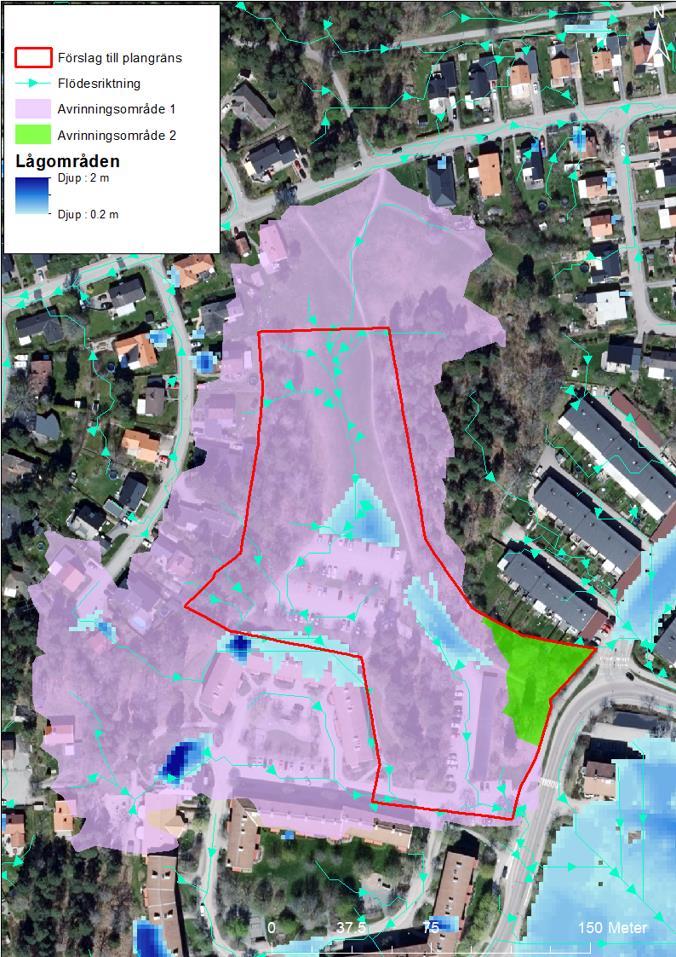 4 Förutsättningar 4.1 Flödesvägar, avrinningsområden och lågpunktsanalys Utifrån befintlig höjdsättning har analys av flödesvägar och avrinningsområden utförts och resultat visas i Figur 3.