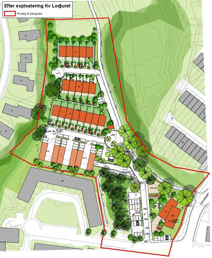 3.2 Efter exploatering Det planeras för ett punkthus med 40 lägenheter,18 radhus i tre grupper, förrådsbyggnader samt parkering i två plan.
