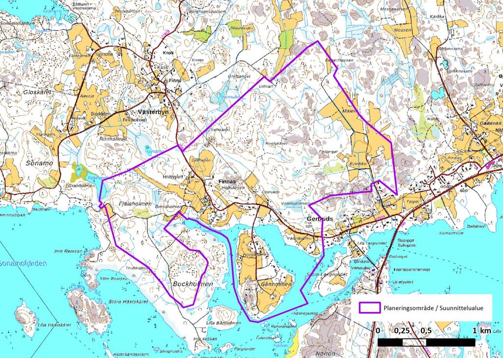 FCG SUUNNITTELU JA TEKNIIKKA OY PLANBESKRIVNING 2 (30) 1.2 Planeringsområde Planeringsområdet omfattar Finnäs by norr om Larsmo kommuncentrum och uppgår till ca 306 ha.
