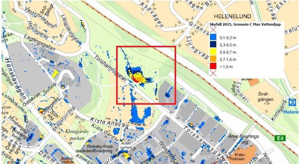 Figur 3 Vattendjup enligt Stockholms stads dataportal för skyfallsmodellering. 2.3.2 Avrinningsområdet efter exploatering Efter exploatering väntas samma avrinningsområde rinna mot planområdet som före exploateringen.
