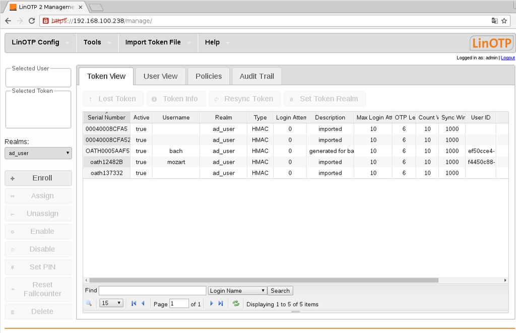 LinOTP (3/3) Exempel på Web UI features Provisioning av realms (koppling till backend) Token view och