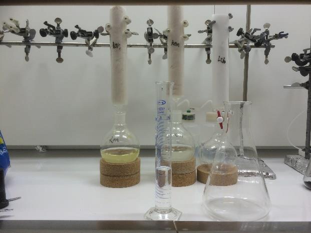Bild 2: Bild på elueringen, blandningen n-hexan/acetat tvättar ur kolonnerna på fett som hamnar i rundkolvarna.