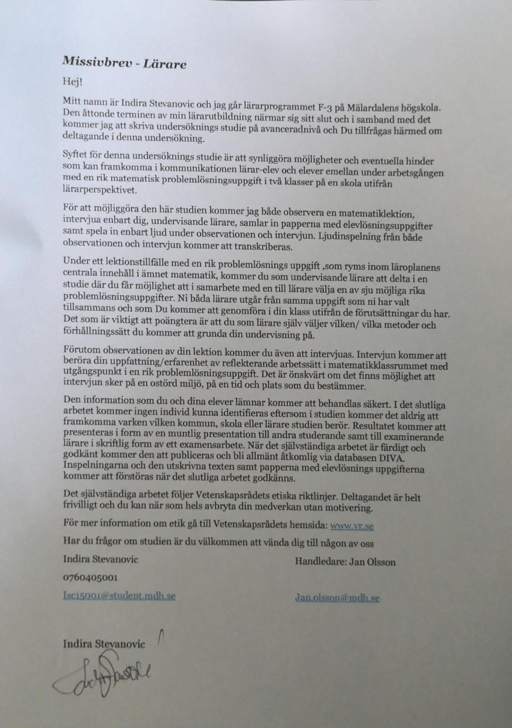 Bilagor: Bilaga 1: Missivbrev- lärare,