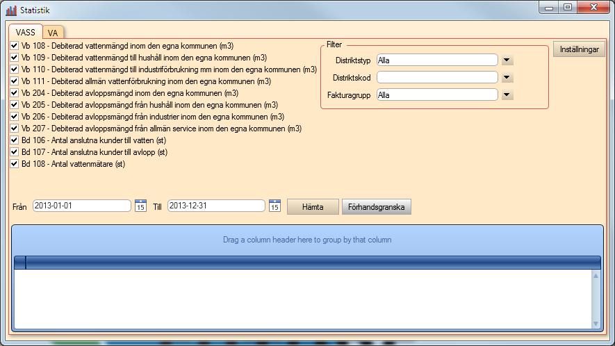 Manual VASS Välj vilka delar av VASS-statistiken som ska hämtas genom att markera de kryssrutor som är intressanta.