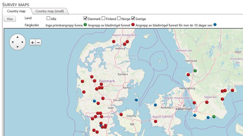 Se även: https://web05.agro.au.dk/potatolateblighttoolbox/show/surveybycountry.aspx?country =SE I kartan som denna länk går till är nya angrepp av bladmögel markerade med röda prickar.