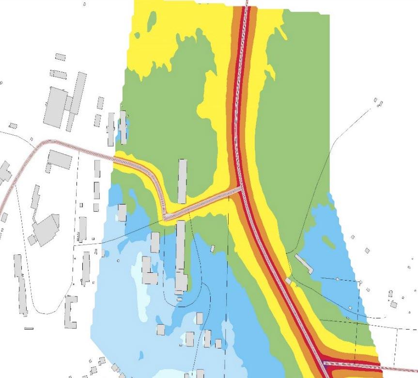 16 Redovisning av bullerprognoser, ekvivalent ljudnivå 2 m över mark. Källa: Bullerutredning av Tyréns.