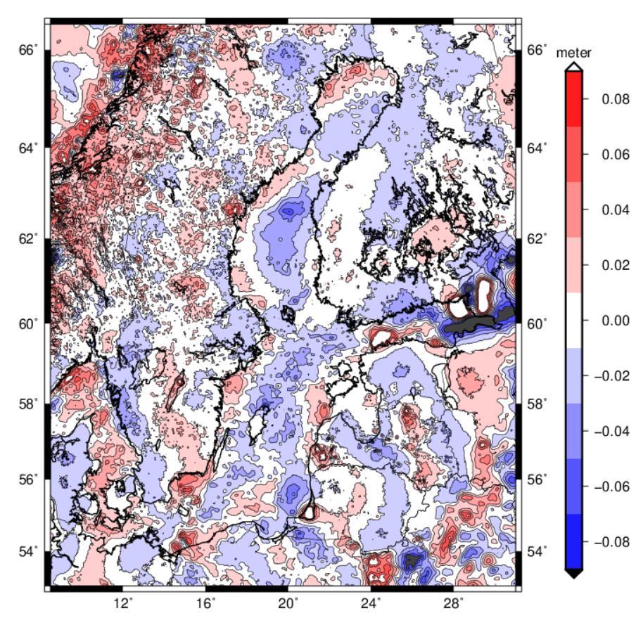 Difference between the FAMOS interim geoid models BKG/PUMA1 and LM3a Large differences in areas with data gaps or with only sparse data, especially in the Gulf of Finland -> Fill-in methods differ.