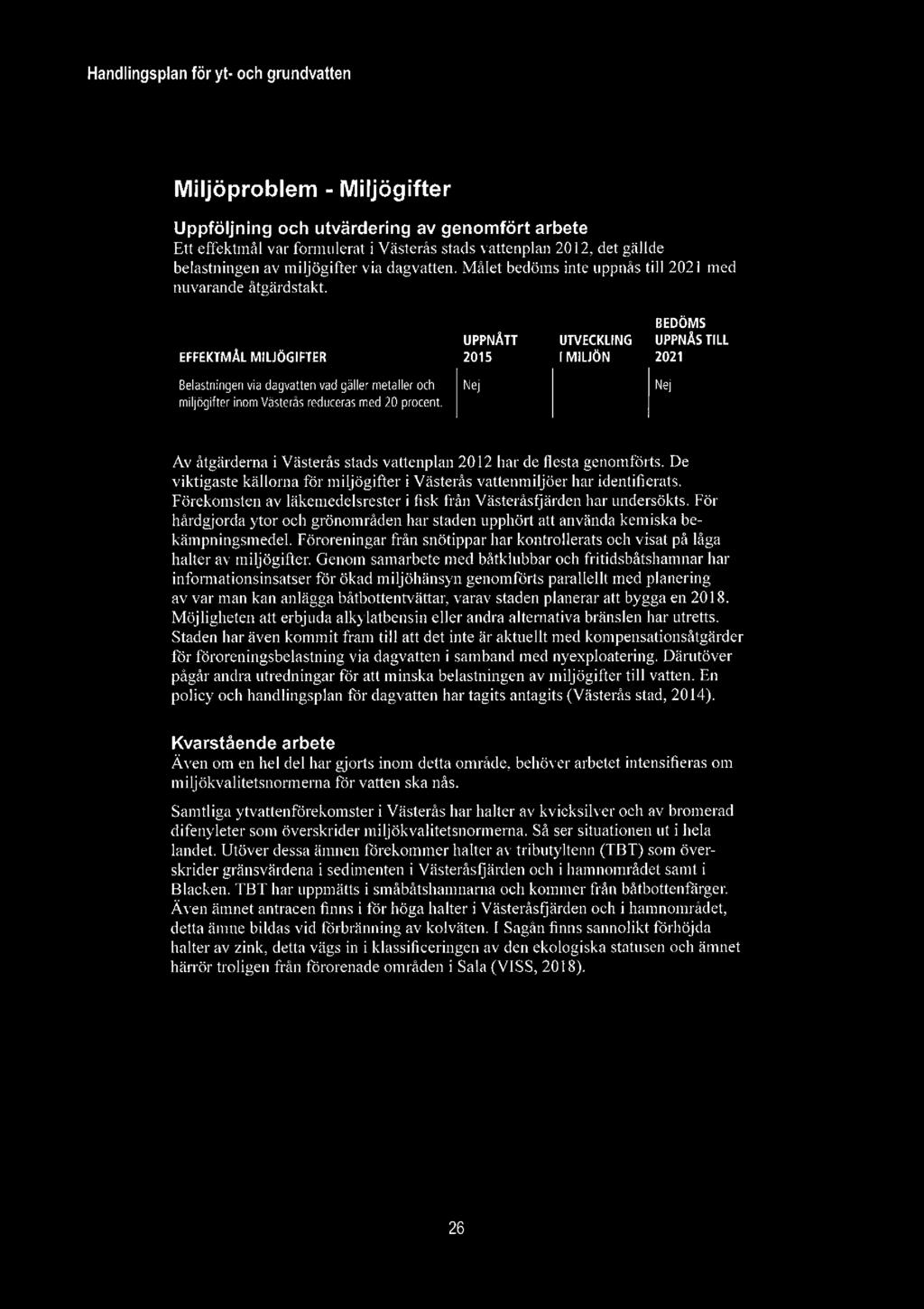 Miljöproblem - Miljögifter Uppföljning och utvärdering av genomfört arbete Ett effektmål var formulerat i Västerås stads vattenplan 2012, det gällde belastningen av miljögifter via dagvatten.