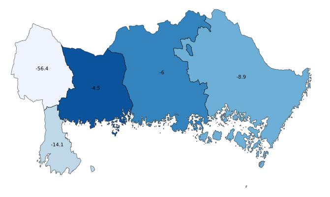 Fig. 4. Utvecklingen gästnätter per boendetyp 6 Utvecklingen per kommun Samtliga av Blekinges fem kommuner minskade under perioden.