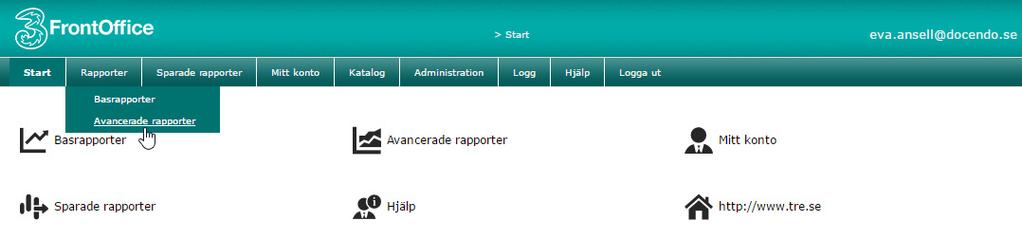 Skapa en rapport 1 Peka på Rapporter på menyraden och välj Avancerade rapporter på menyn.