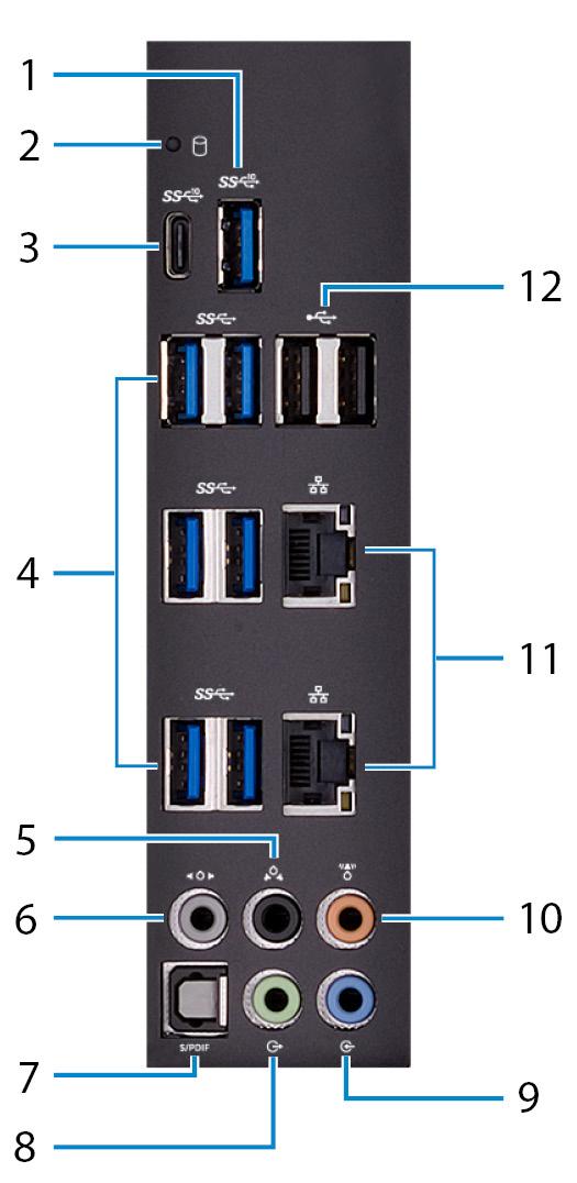 Bakpanel 1 USB 3.1-port Gen 2 Anslut kringutrustning såsom lagringsenheter och skrivare. Ger dataöverföringshastigheter på upp till 10 Gbit/s.