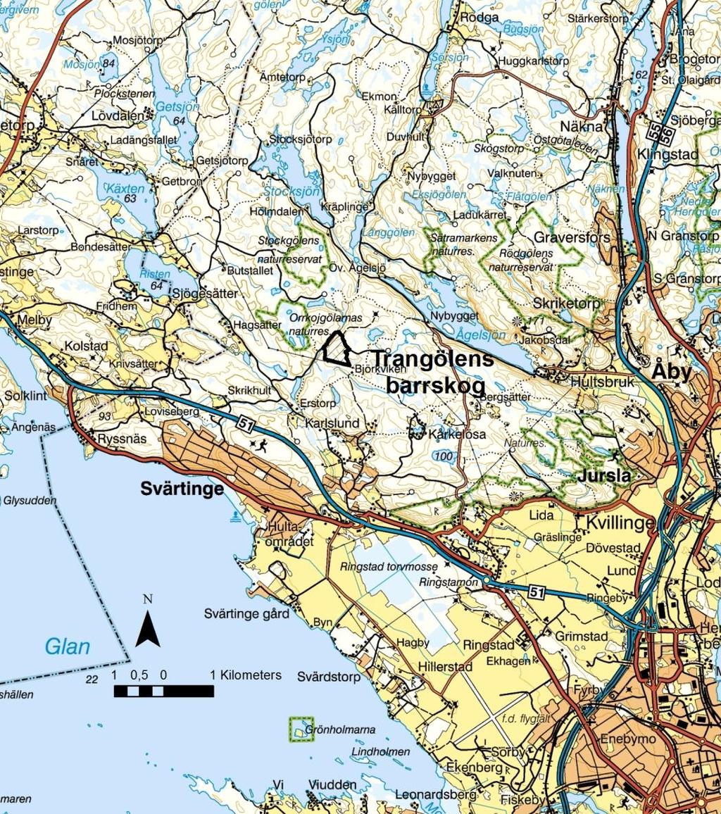 Se reservatsbeslutet. Karta 1. Översiktskarta, ligger ca 3 km nordost om Svärtinge. 3.1 Naturbeskrivning Strax söder om Trangölen ligger ett skogsområde om ca 23 ha med äldre barrskog.