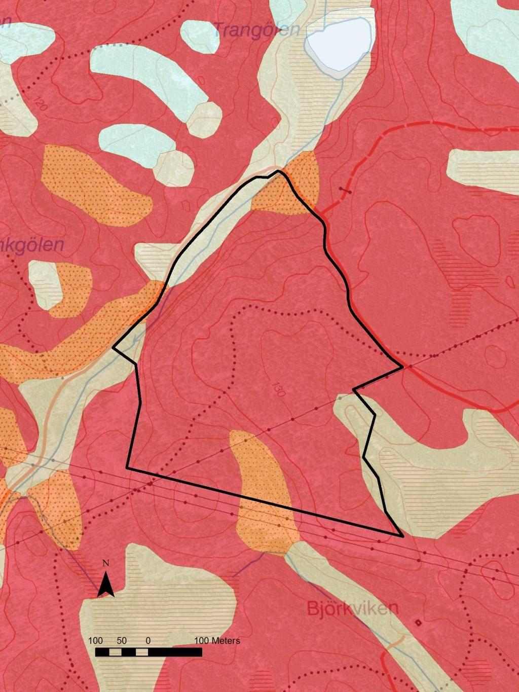 Karta 3. Digitala jordartskartan 1:50 000, SGU. Orange ytor är svallsediment av finsand. Röda ytor är berg i dagen eller morän tunnare än 30 cm. Ljusare ytor är torv. 3.3.2 Geologiska bevarandevärden Berggrunden i området består av ådergnejsomvandlad, felsisk metavulkanit (dacit-ryolit).