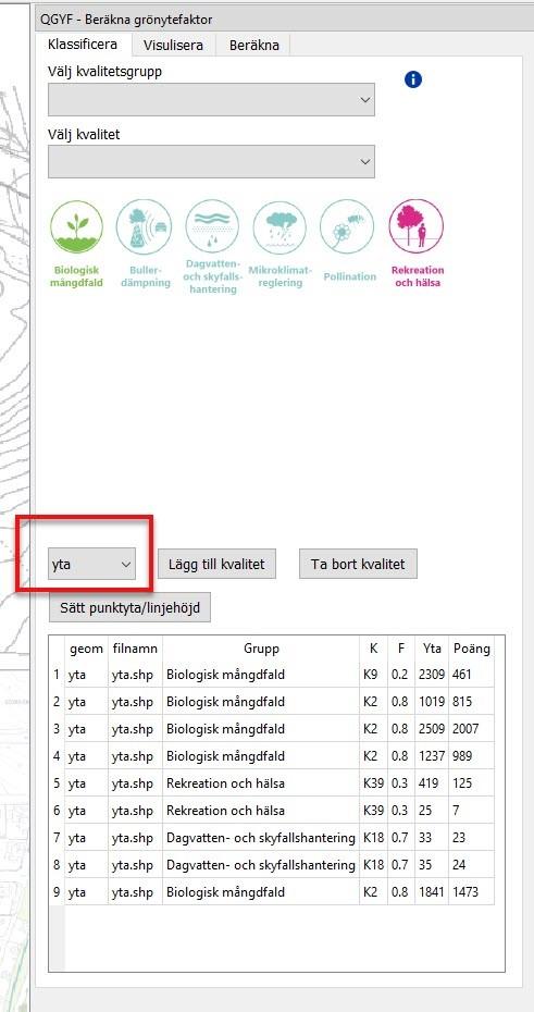 Ett sätt är att välja den objektstyp du ska jobba med (punkt, linje, yta) och sedan välja de objekt du vill lägga till en viss kvalitet på i kartfönstret.