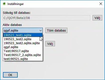 Fönstret Inställningar där flera tidigare databaser ligger sparade.