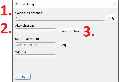 För att ta bort alla objekt, kvaliteter och beräkningsområden så väljer du sökväg till databas, sedan din aktiva